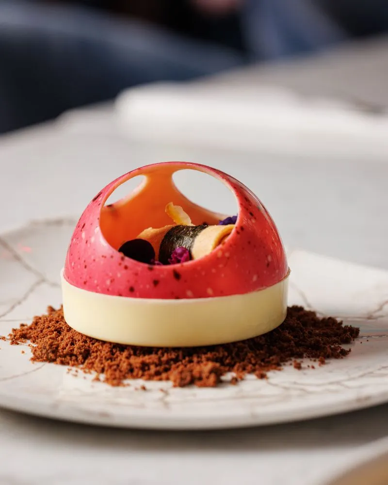 A creative dessert at The DL restaurant in Dublin with a sleek, modern appearance, representing a fusion of art and gastronomy.