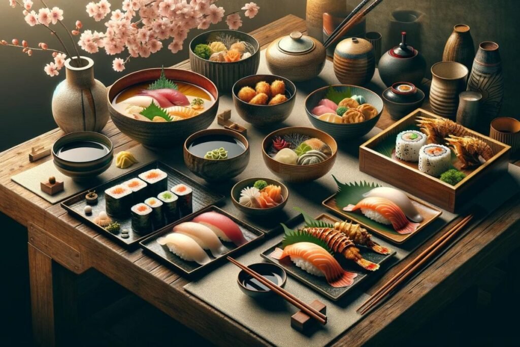 Array of Japanese Food Tradition dishes including sushi, sashimi, and tempura, capturing the essence of Japan's culinary heritage.